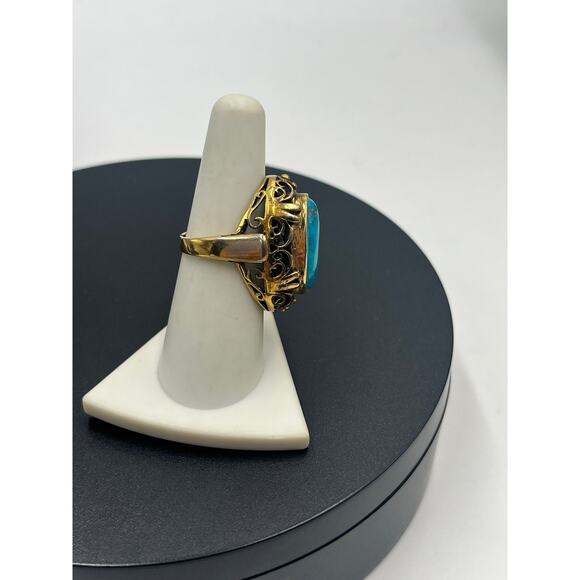 Vintage Designer Sterling Vermeil Turquoise Filigree Chunky Statement Ring Sz 7 - Picture 5 of 15